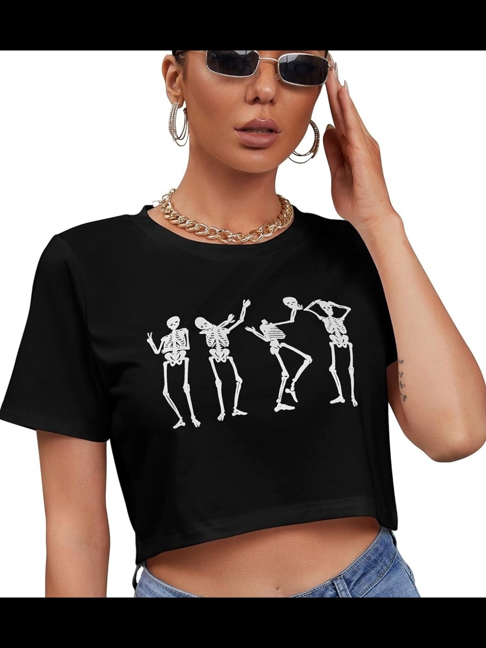 Black Skeleton Graphic Crop Top - Women's Trendy Tee Size M